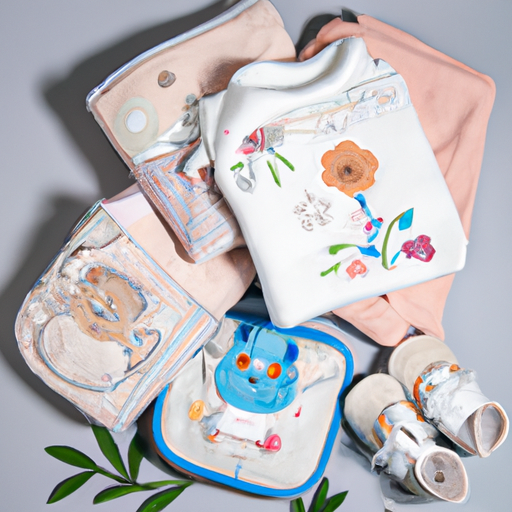 תמונה המציגה אוסף של מוצרי תינוקות רקומים כמו בגדים, שמיכות ותיקי החתלה.